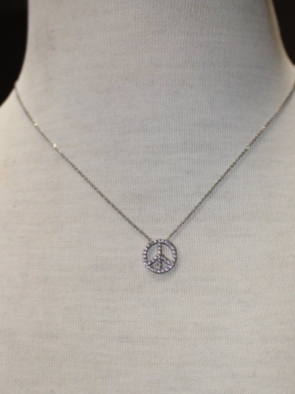 Peace Sign Pave Crystal Necklace Stamped Sterling Silver Delicate